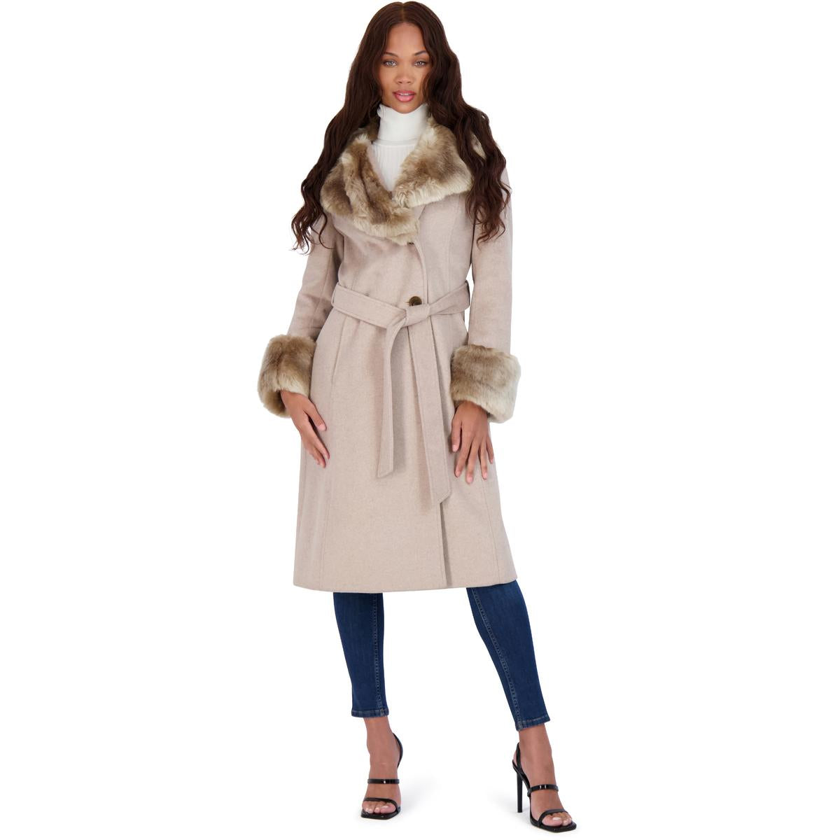 Via Spiga Women's Long Wool Wrap Coat with Faux Fur Trim product